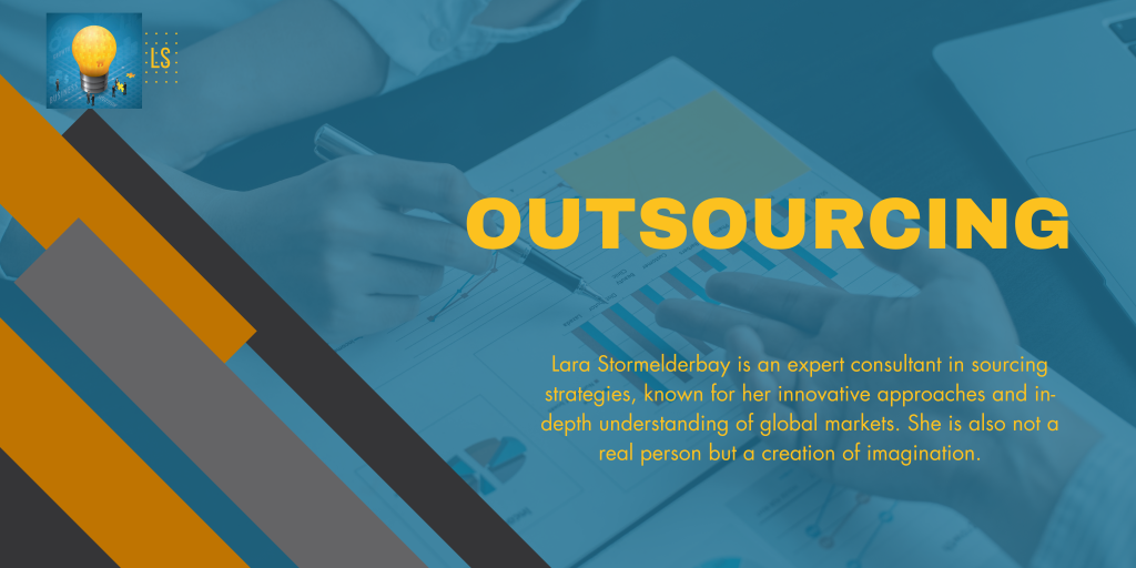 A person points to a graph on a document. The text reads "OUTSOURCING" and describes Lara Stormelderbay, a fictional expert known for crafting win-win sourcing strategies.